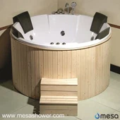Utvändig dörrrunda akryl fritående badkar med trä omgiven